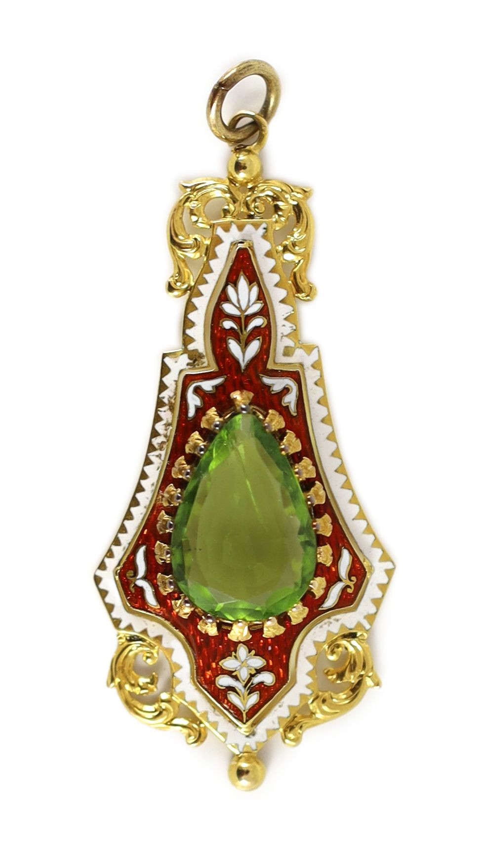 A late 19th/early 20th century gold, two colour enamel and peridot set pendant